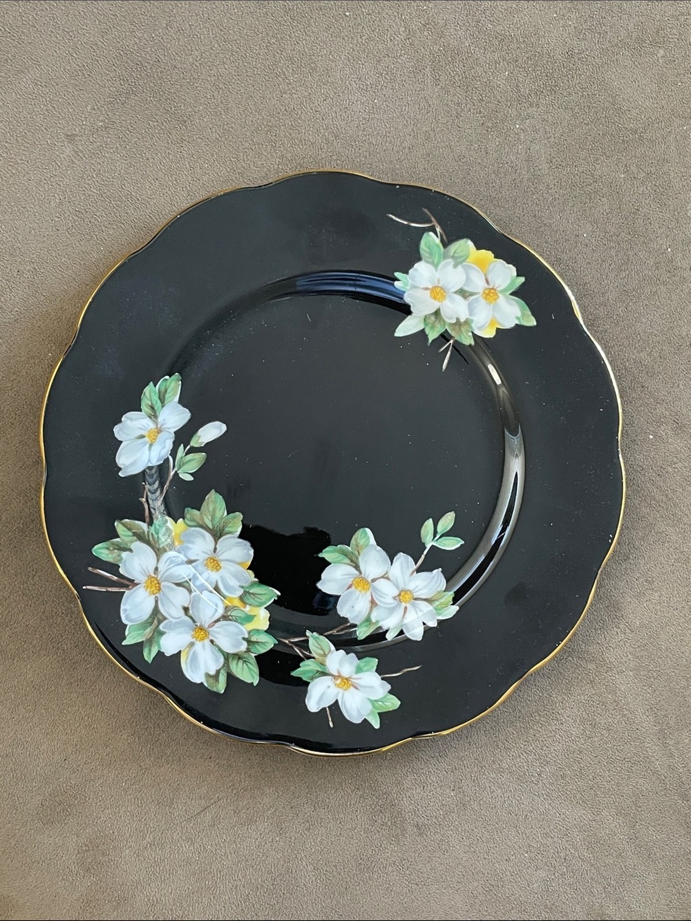 Royal Albert Black Plate with White Floral Sprays and Gold Trim